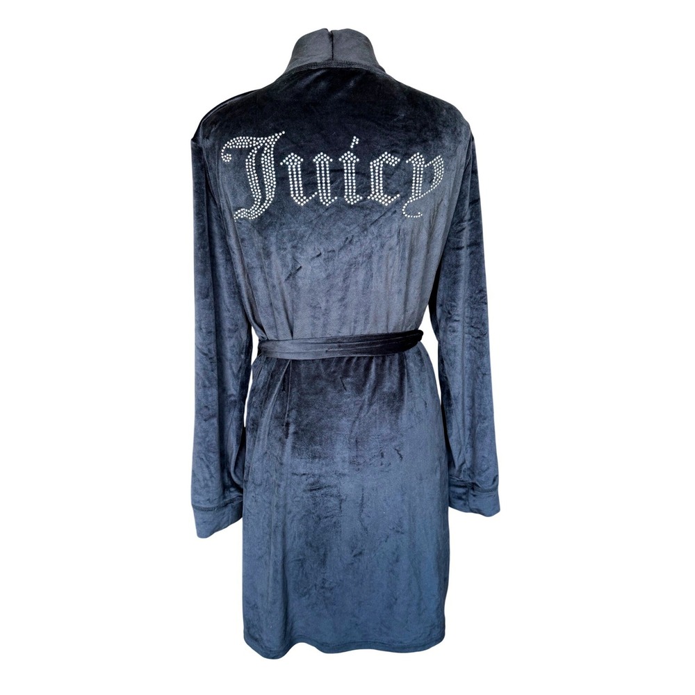 Juicy Couture Velour Robe Y2K Rhinestone Logo Bathrobe Charcoal Grey McBling S/M